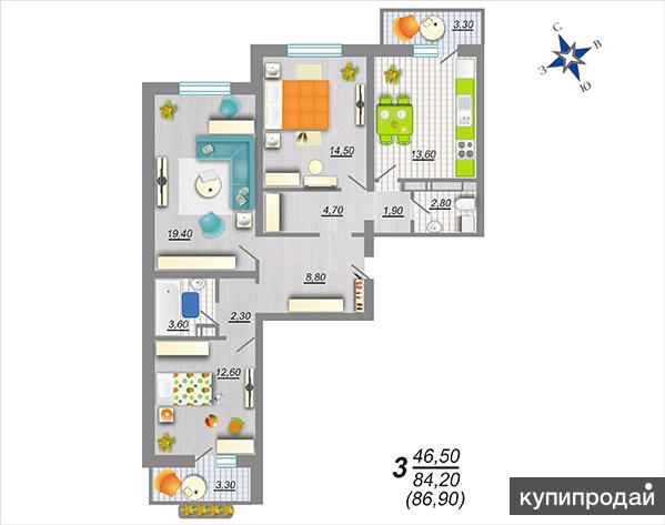Продаётся 3-к квартира, 86 м2, 3/17 эт. ЖК "Цветной бульвар"