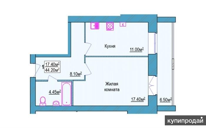 Продажа Напрямую. от собственника. 1-комн. квартира 44.2 м 2 комната 17.