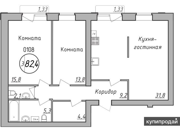 Продаётся просторная трёхкомнатная квартира в ЖК Экогород Параметры комнаты 15