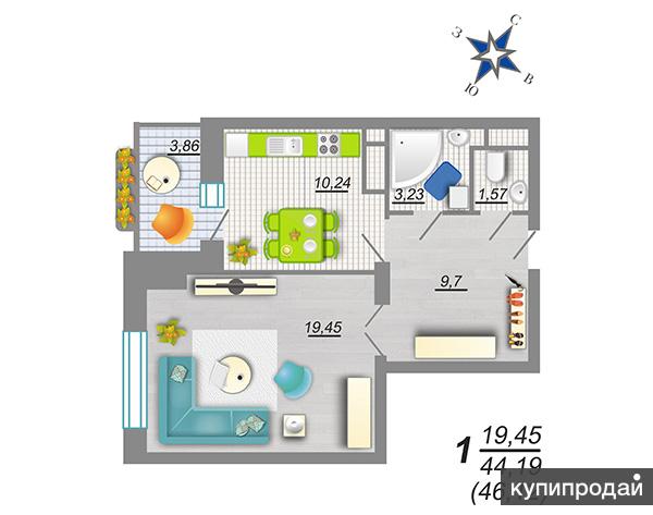 Продаётся1-к квартира, 46 м2, 6/25 эт. ЖК "Дельфин"