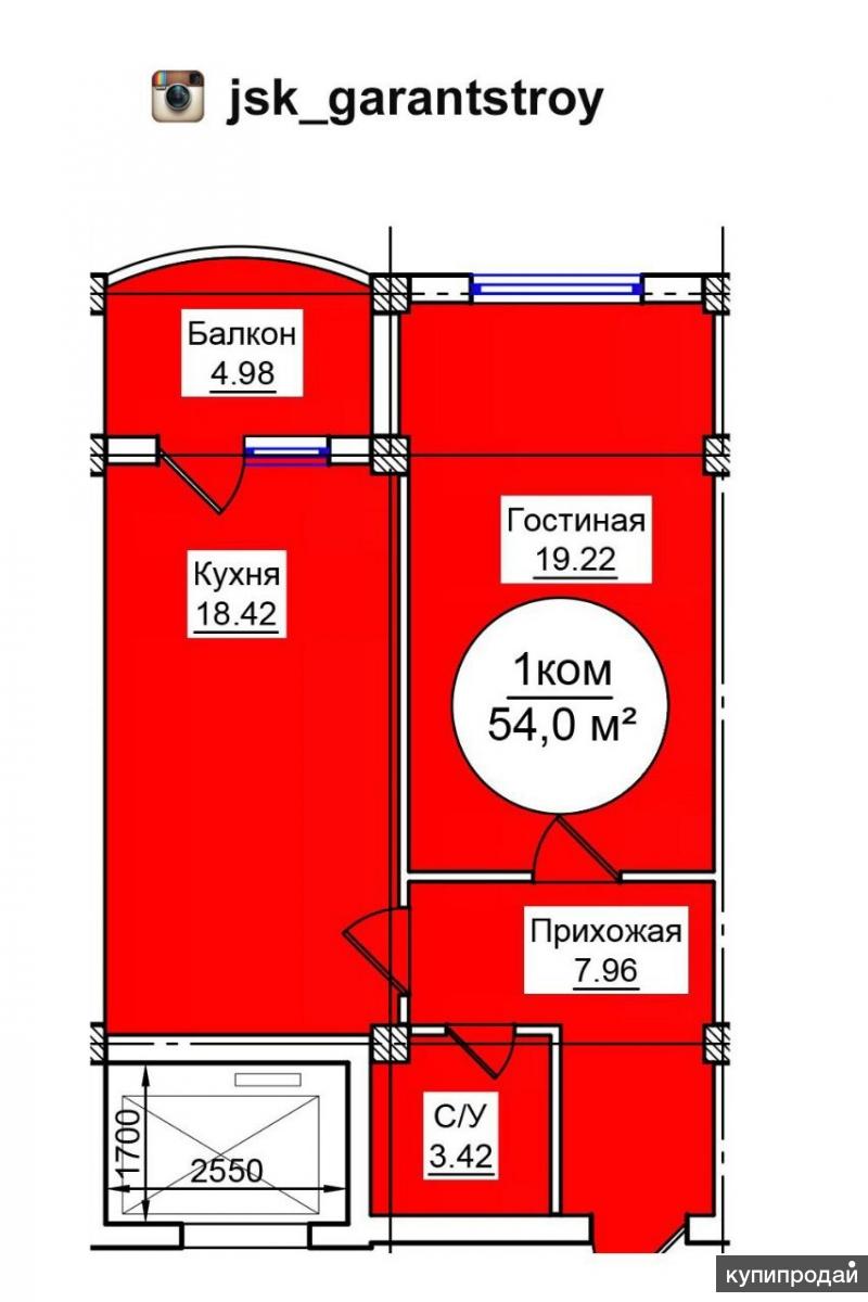 1-к квартира, 54 м2, 6/13 эт.