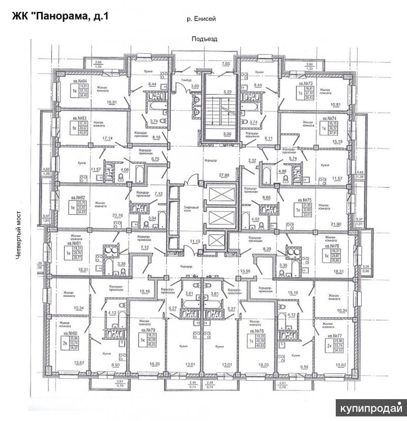 Планировка квартир монолитных домов 1-к квартира, 36 м2, 8/25 эт. долевое ж/к Панорма, д. 3 в Красноярске