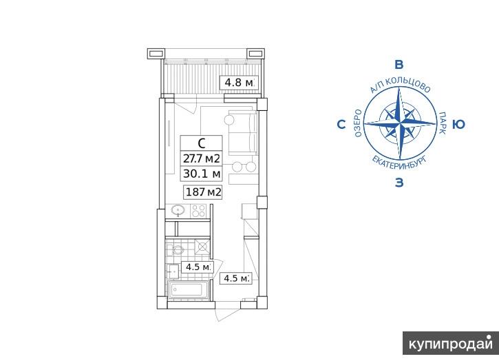 1-к квартира, 30 м2, 7/25 эт.