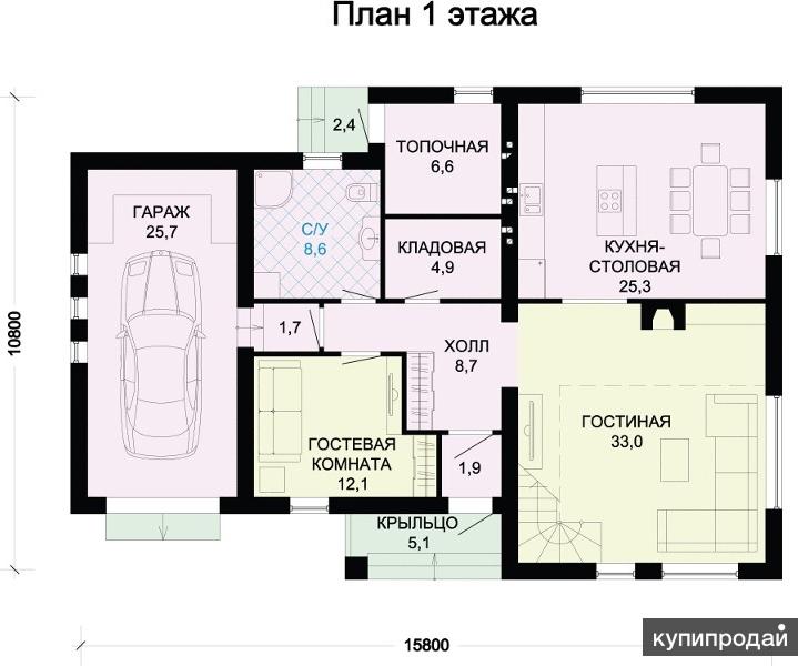 Одноэтажный дом 4 комнаты и гостиная