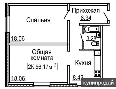 2-к квартира, 56 м2, 1/10 эт.