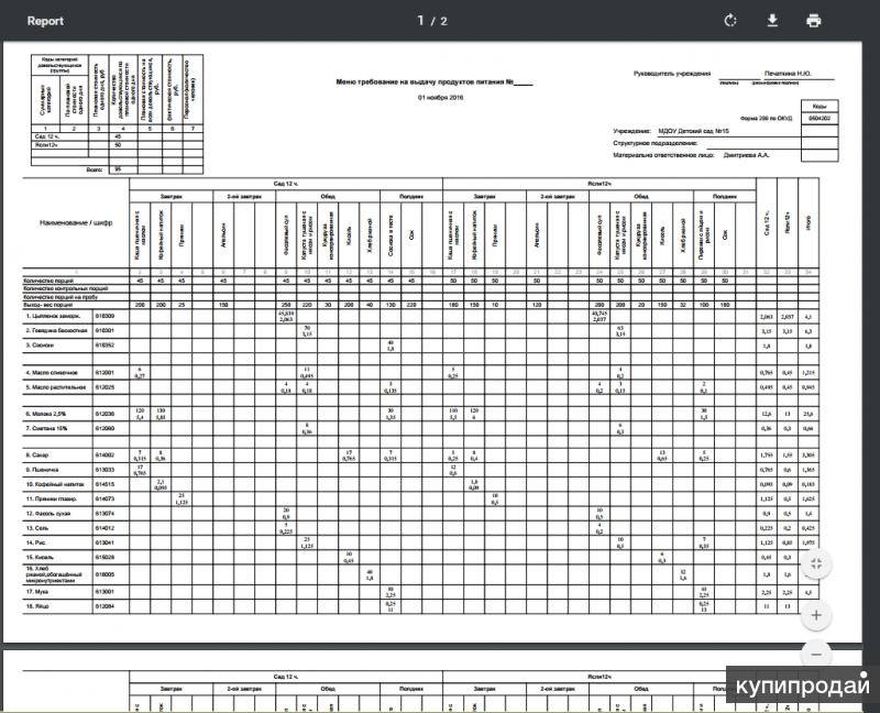 Отчет по питанию в школе образец за месяц