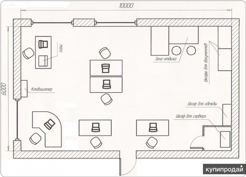 План офисного помещения с мебелью